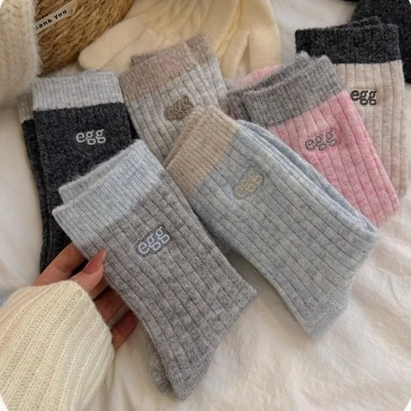 

6 Pairs Autumn and Winter Warm Embroidered Girl School Socks Women's Short Thermal Socks Adult Thick Socks Wholesale Hosiery