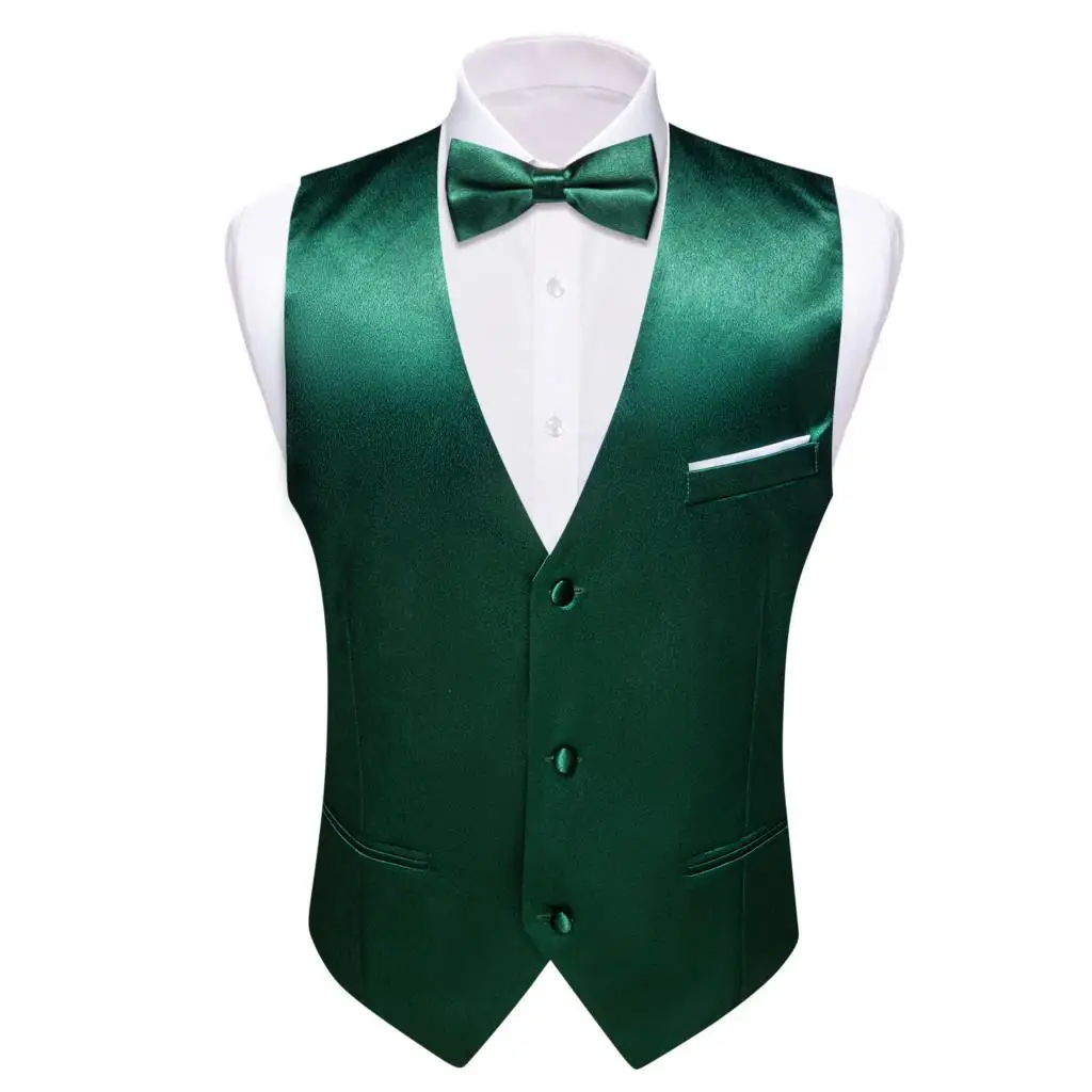 Luxury Vest for Men Silk Mercerized Green Solid Waistcoat Bowtie Tie Set Wedding Business Sleeveless Jacket Male Suit Barry Wang