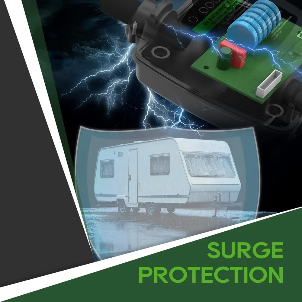 سلك محول حماية من زيادة التيار RV 30 أمبير إلى 110 فولت مع حماية من الحمل الزائد، NEMA 5-15P إلى TT-30R، درج 2 قدم أخضر ETL #2