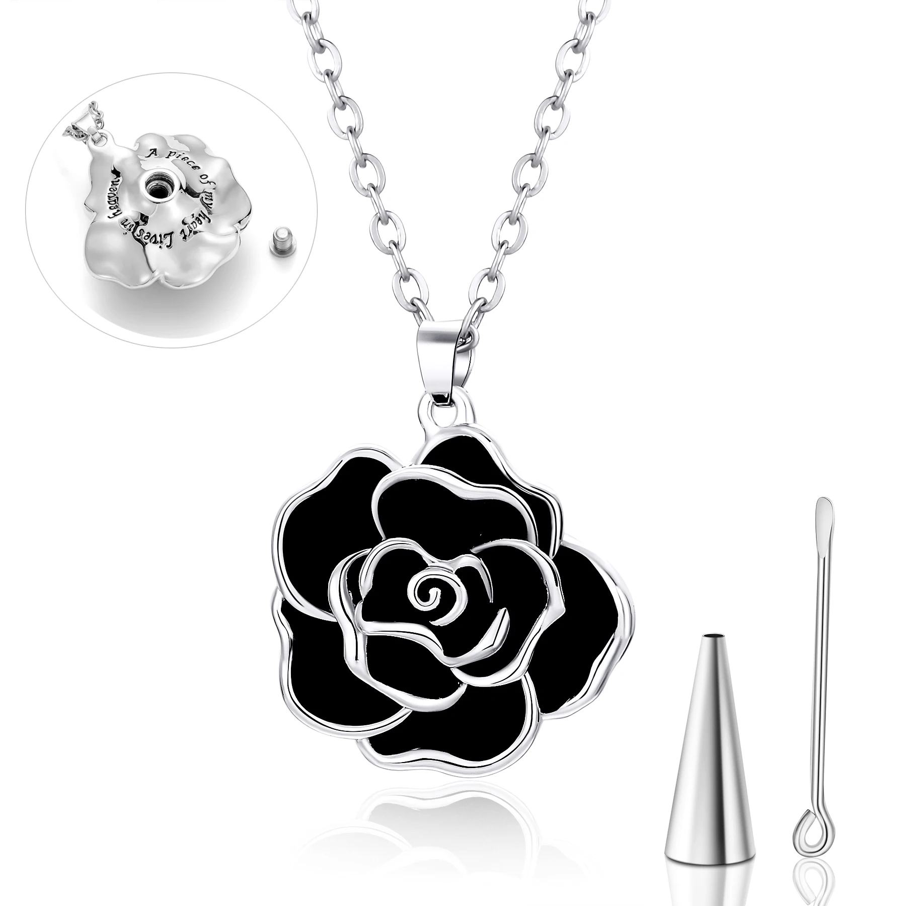 

New Black Enamel Rose Flower Urn Necklace Cremation Jewelry for Ashes Memorial Roseflower urn Pendant Necklaces for Women Gifts