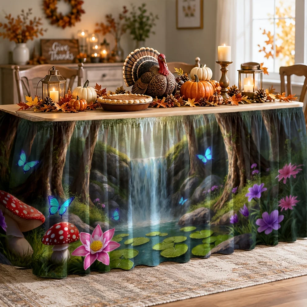 Table skirt/tableskirt forest mystery, magical nature, flower butterfly, waterfall stream, spring, summer, party tablecloth