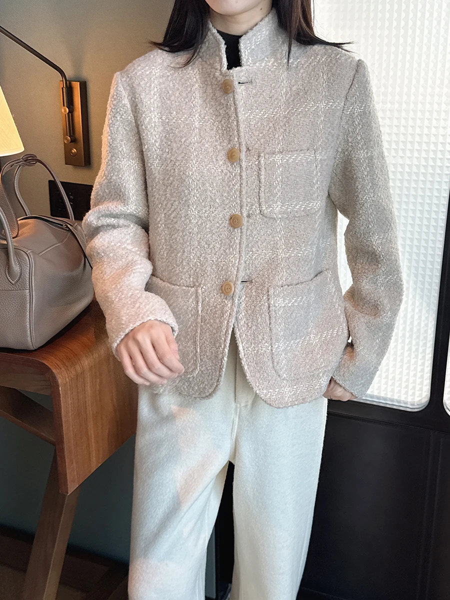 

Vintage Sle ort Wool Blend Fce Alpaca Plaid Stand Collar Texture Outerwear Women's Long Sve Button up Coat
