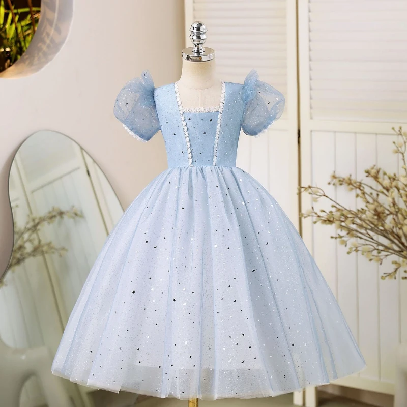 Customized Sweet Summer Small Sqaure Puff Short Sleeve Ball Gown Fairy Exquisite Lace Spliced Design Flower Girl Dress Star Sequ