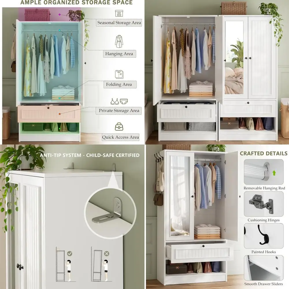 

Белый шкаф-гардероб с зеркальными дверцами, для хранения вещей и одежды, для спальни с двумя кроватями