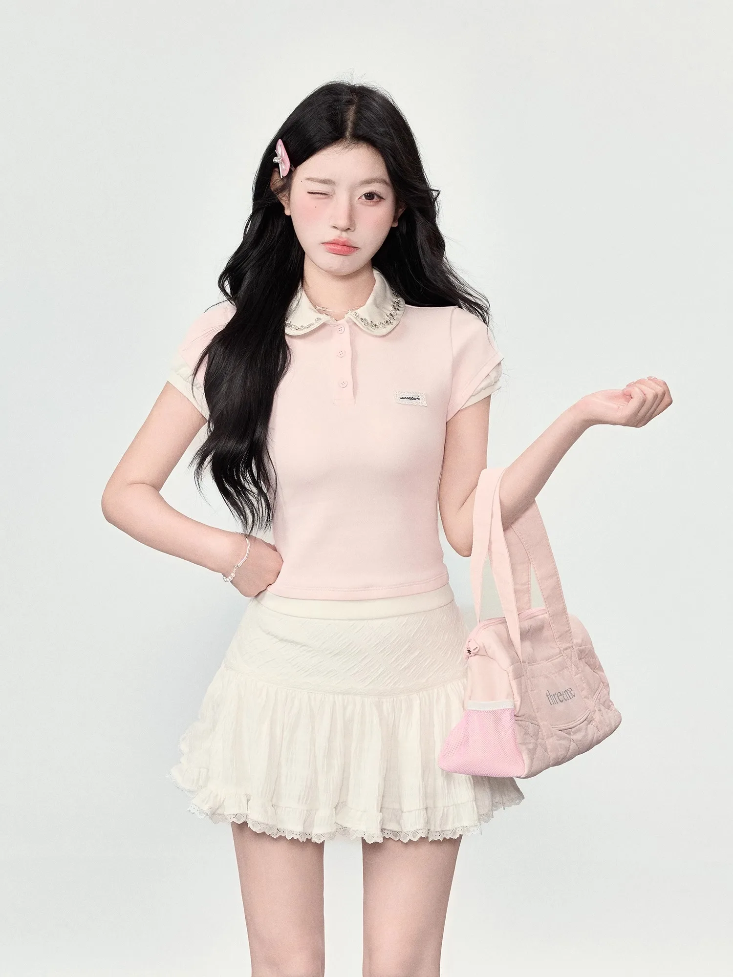 

Sweet Girl Sle Diamond Embellied ort Sve Slim Fit ort T-irt Korean Version Summer Cotton Pure Color Top