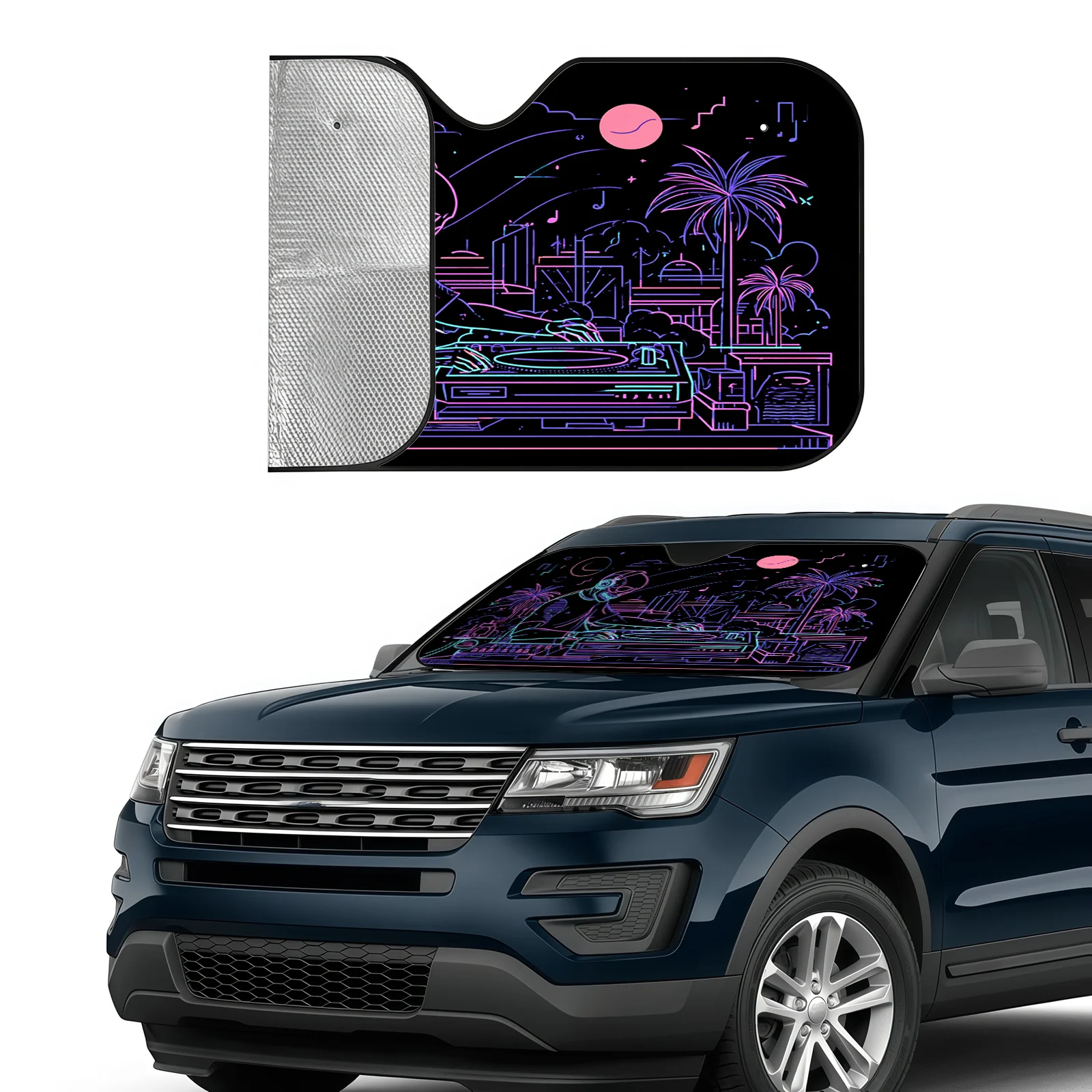 Neon Skull DJ Illustration Car Sunshade, Trendy EDM Style, Easy To Install And Durable, Includes 4 Suction Cups To Help Maintain