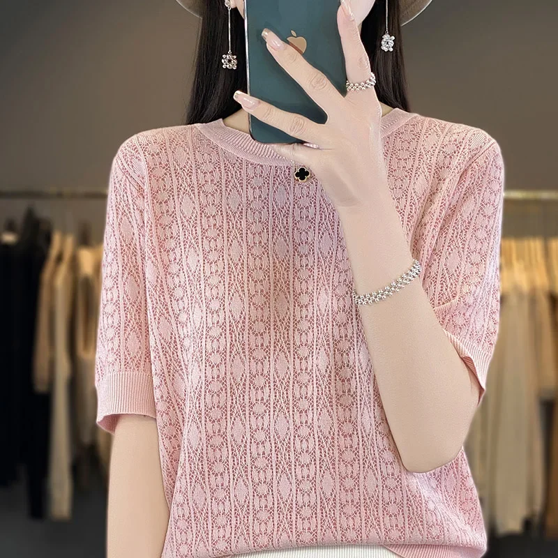

Summer New 100% Pure Cotton Sweater Short sleeved Women's Casual Solid Color Round Neck Pullover Loose Fashion Large Top ZT291