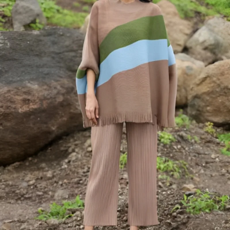 Haut à pampilles à manches chauve-souris à blocage de couleur, pantalon à jambe droite, ensemble décontracté à la mode