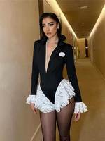 Weird Puss Sexy Ruffle Bodysuit Women Jacquard Deep V-Neck Lapel Tierred Patchwork Full Sleeve Elegant Stretch Skinny Clubwear - Image 3