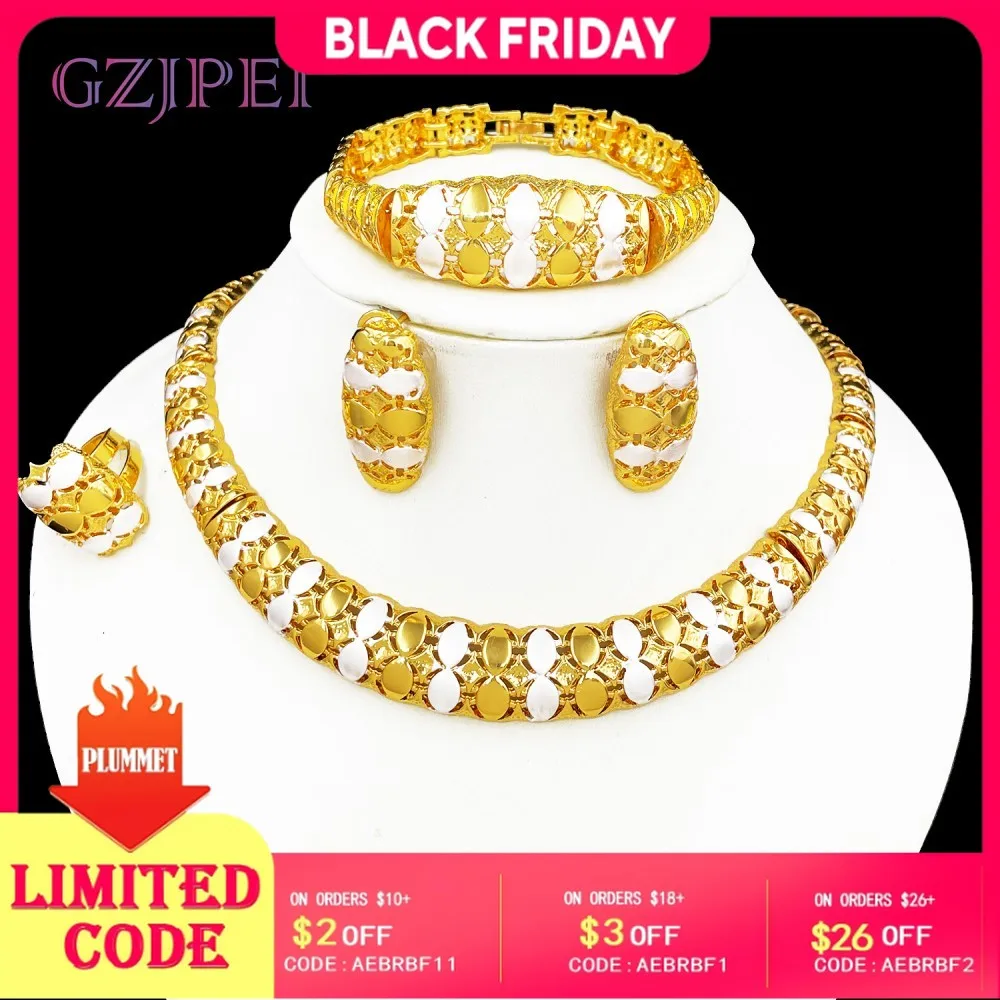 

GZJPEI Высококачественный большой комплект ювелирных изделий, 18-каратное позолоченное двухцветное ожерелье, браслеты, прочный гипоаллергенный подарок, новинка 2023 года, INS