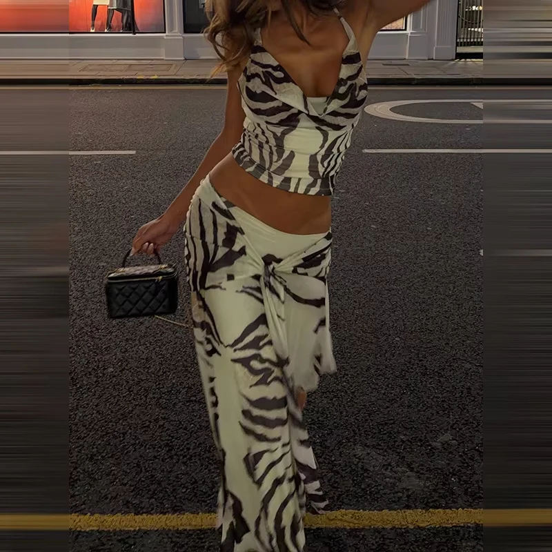 Siren Chic 2026 Zebra Print Mesh Matching Set Halter Cowl Neck Open Back Crop Top Wrap Maxi Skirt Vacation Night Out Outfit