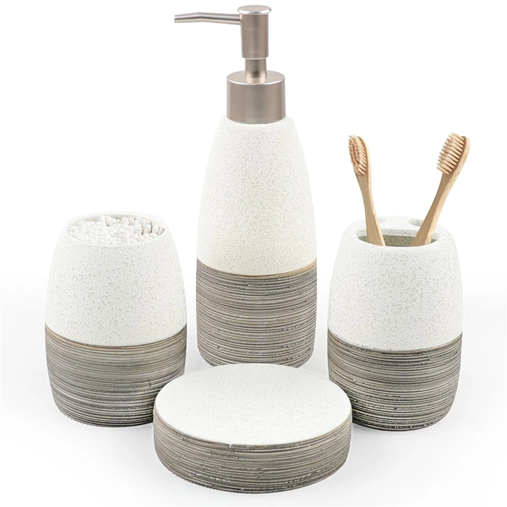 4 Pcs Grey White Ceramic Bathroom Accessories Set, Includes Toothbrush Holder, Toothbrush Cup, Soap Dispenser, Soap Dish