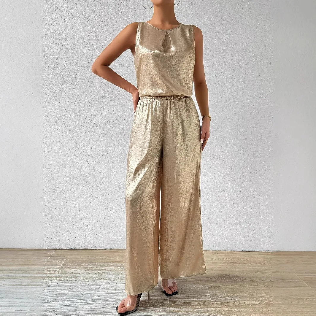 

2025 Summer Sleeveless Tank Top High Waist Drop Wide Leg Pants Hot Pot Gold Shining Crystal Women's Wear