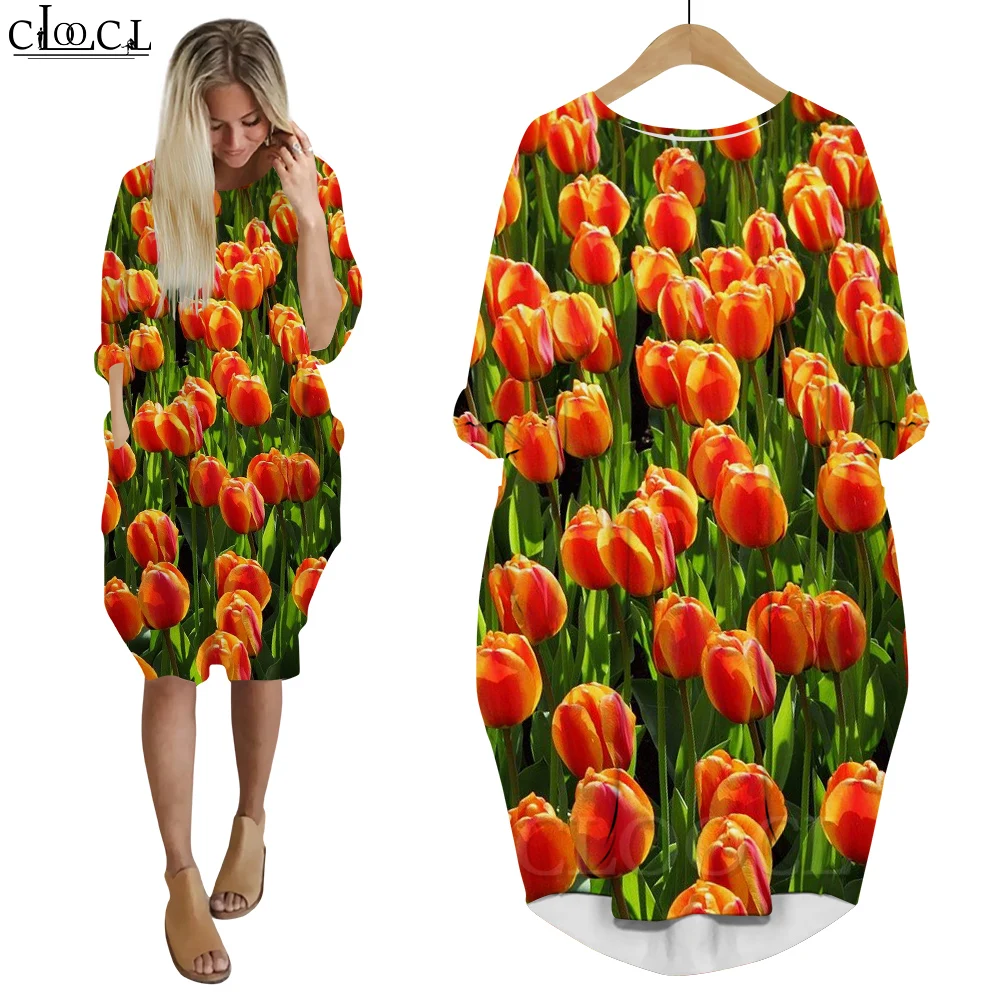 

CLOOCL Noble Dresses Spring Summer Women Clothing Charming Tulips 3D Printing Dress Long Sleeve Robe Beauty Dress Oversized