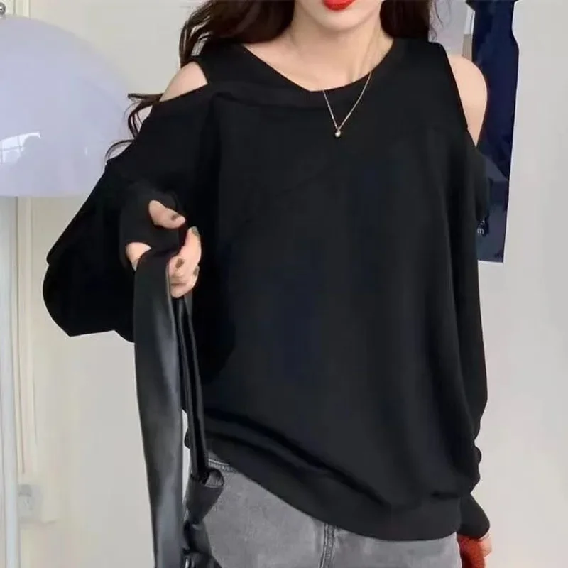 

Новый весенне-осенний модный тренд с открытыми плечами, сплошной цвет, универсальный свободный размер, повседневный стиль, женский свитер