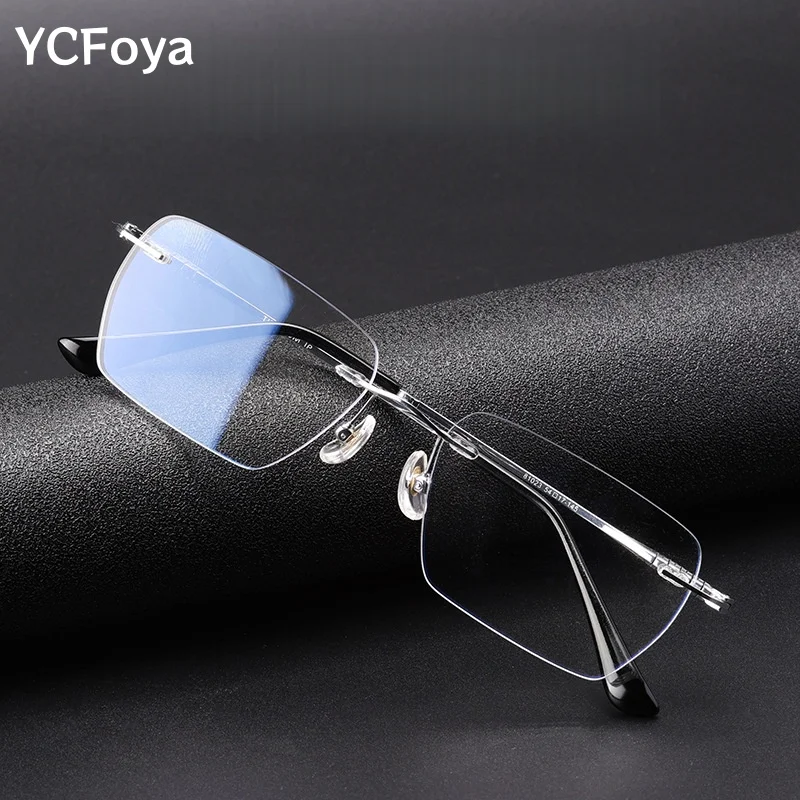 

YCFoya High-end Men Simple Titanium Alloy Rimless Glasses Frame Ultra Light Square Optical Prescription Eyeglasses 81203