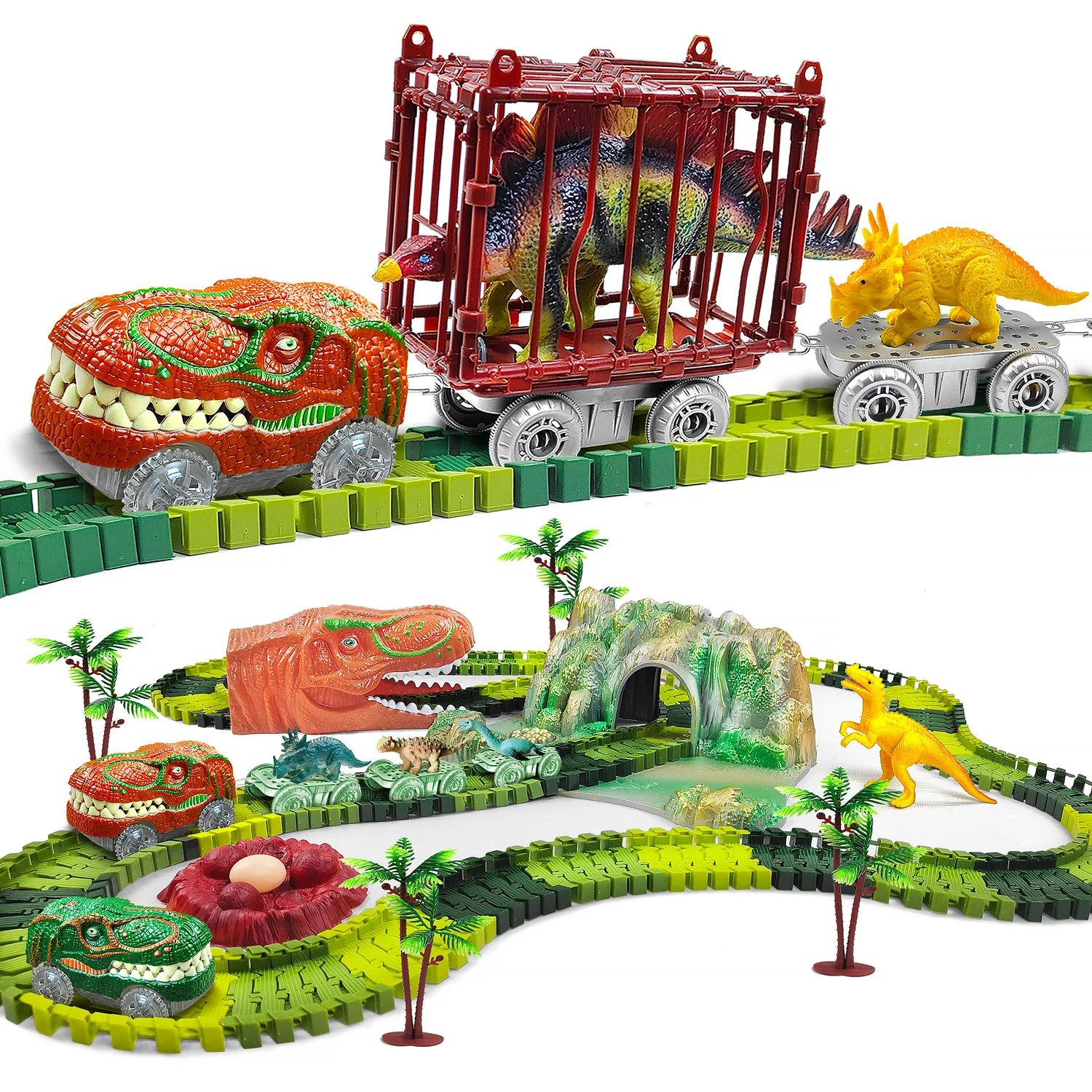 Dinosaur Toys train, Dinosaur World Road Race Car Track, Flexible Track Playset  for 3 4 5 6 +Year Up Old boy Girls Gift