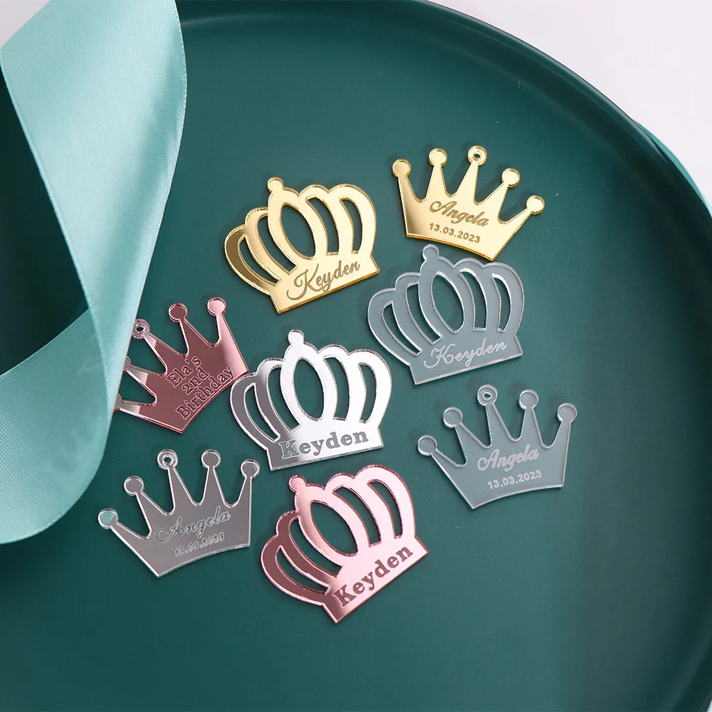 50/100pcs Personalized Acrylic Crown Tag Engraved Custom Baby Shower Baptism Decoration Princess Baptism Party Favor Decor