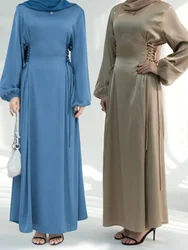 Eid Muslim Dress for Women Turtleneck Satin Slim Fit Morocco Party Dresses Ramadan Lace-up Vestidos Largo Dubai Arab Long Robe