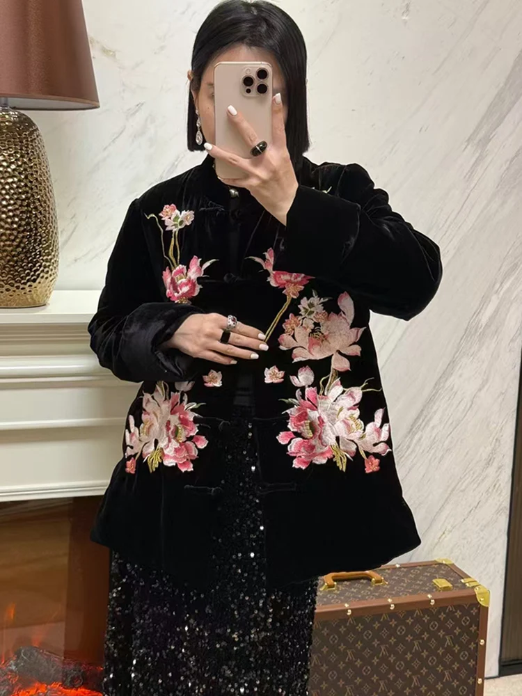 Winter High end New Small Standing Collar Single Breasted Lotus Pond Moon Vintage Embroidery Silk Velvet Cotton Coat Women S-XL