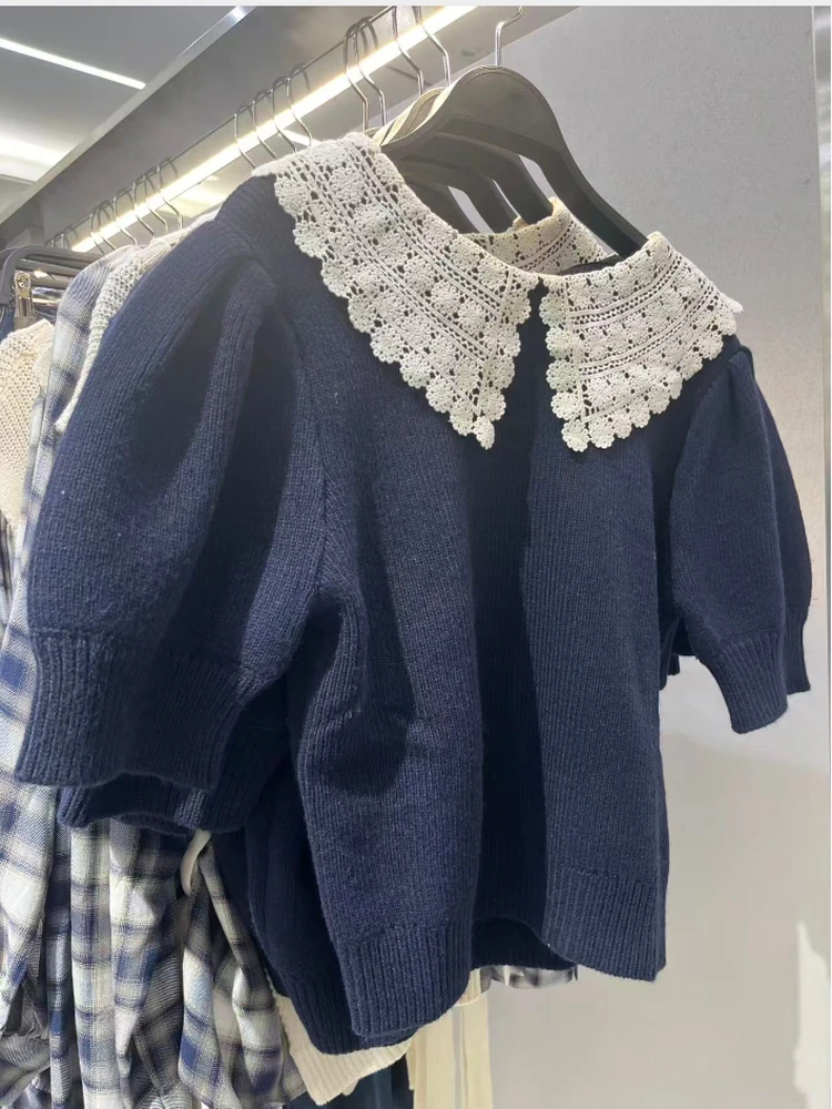 

Синий вязаный пуловер ort Sve с отложным воротником, крючком и иглой для женщин, мягкая полиэфирная ткань