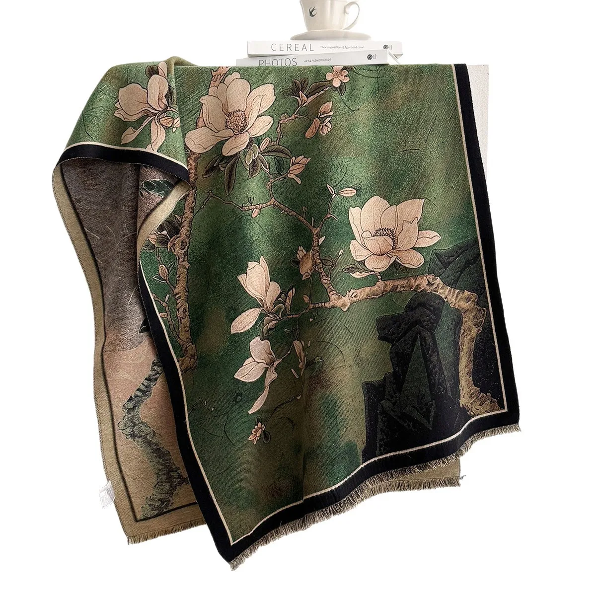 Women New Chinese Vintage Magnolia Floral Jacquard Silk Fringed Scarf Shawl 2026 Fall Winter Dark Green Elegant Daily Outer Wear