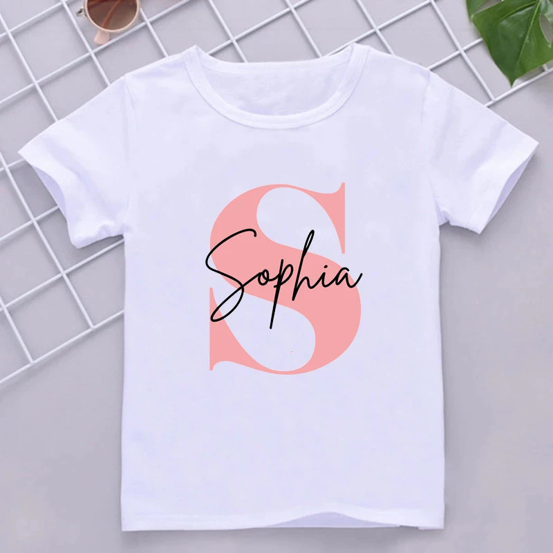 Personalised Initial Girls Tshirt Custom Girl Name Clothes Summer Short Sleeve Tops Letter Print Kids Tees Casual Toddler Outfit