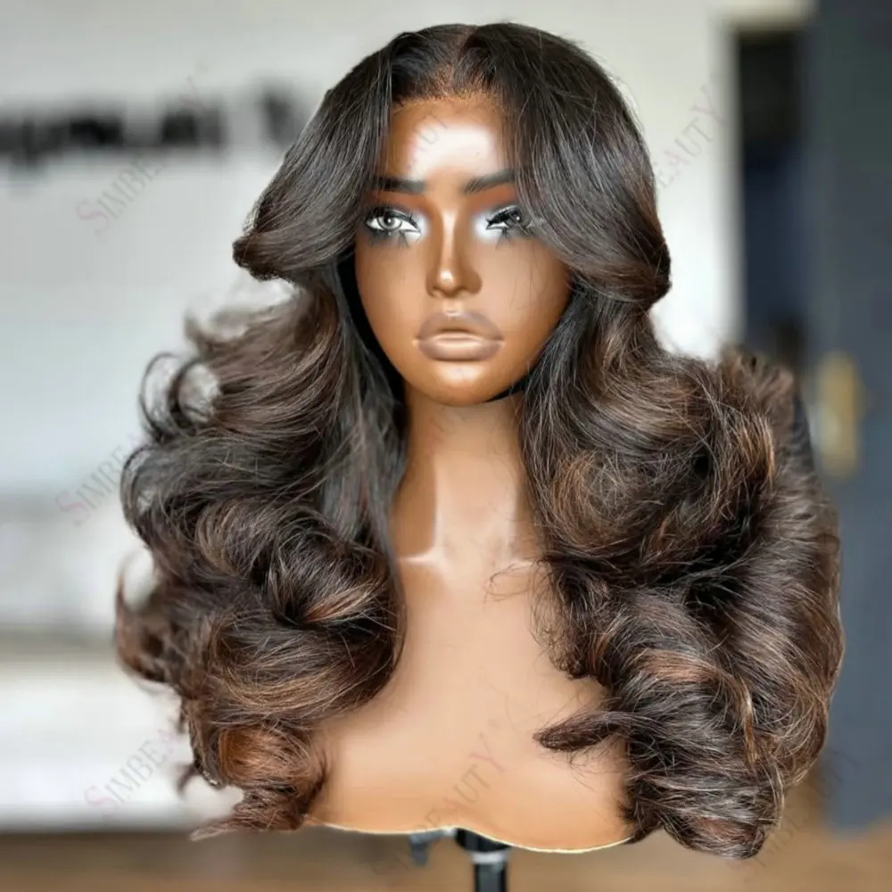 Peruanisches Echthaar, kastanienbraun, mit Highlights, gewellt, 13x6 Lace Front / 360 Lace Frontal Perücken für Frauen, vorgezupfter natürlicher Haaransatz – Detail 1