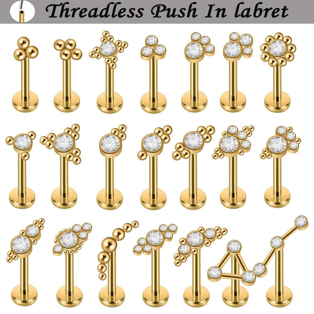 1PC CZ Crystal Cluster Paved Labret Lip Stud 18K Golden Plated Surgical Steel Cartilage Ear Nose Ring Threadless Lobe Helix Ear
