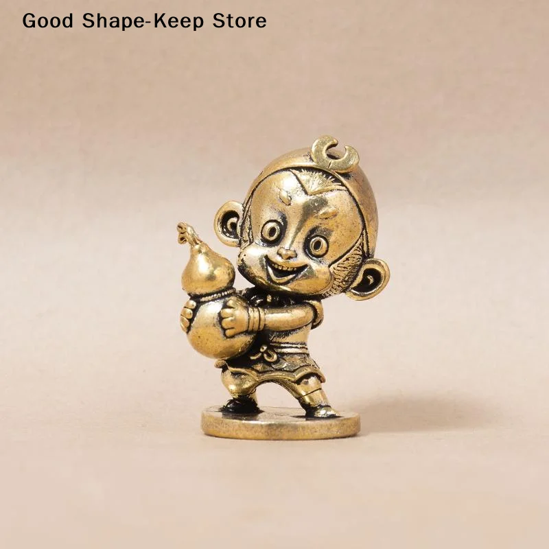 dailyRetro Brass Cartoon Sun Wukong Hug Gourd Figurine Small Exquisite Desktop Ornament for Living Room Decor Birthday Gift