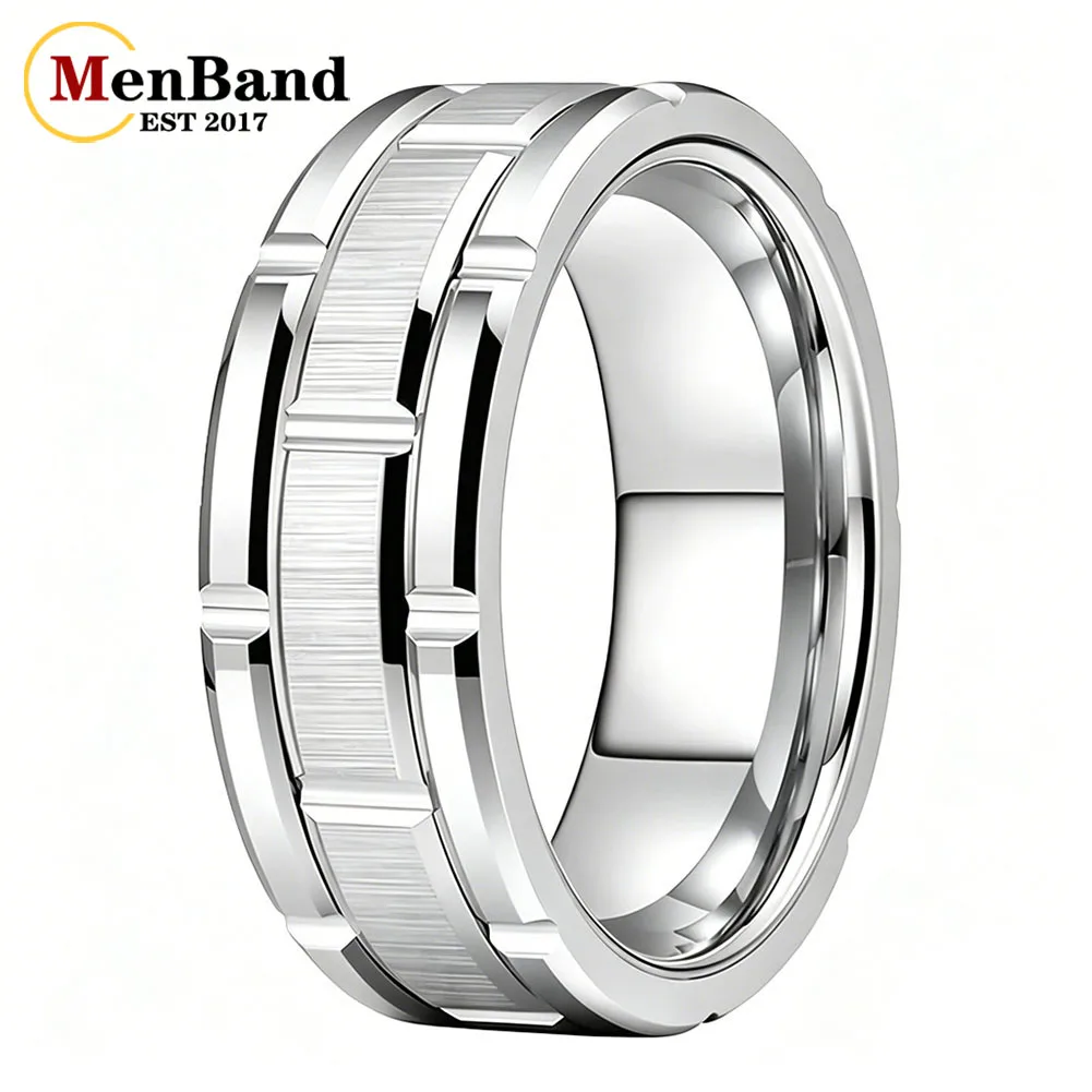 8mm White Tungsten Carbide Ring For Men Women，Brushed Center Textured Brick Gear Pattern Wedding Band Comfort Fit Promise Ring