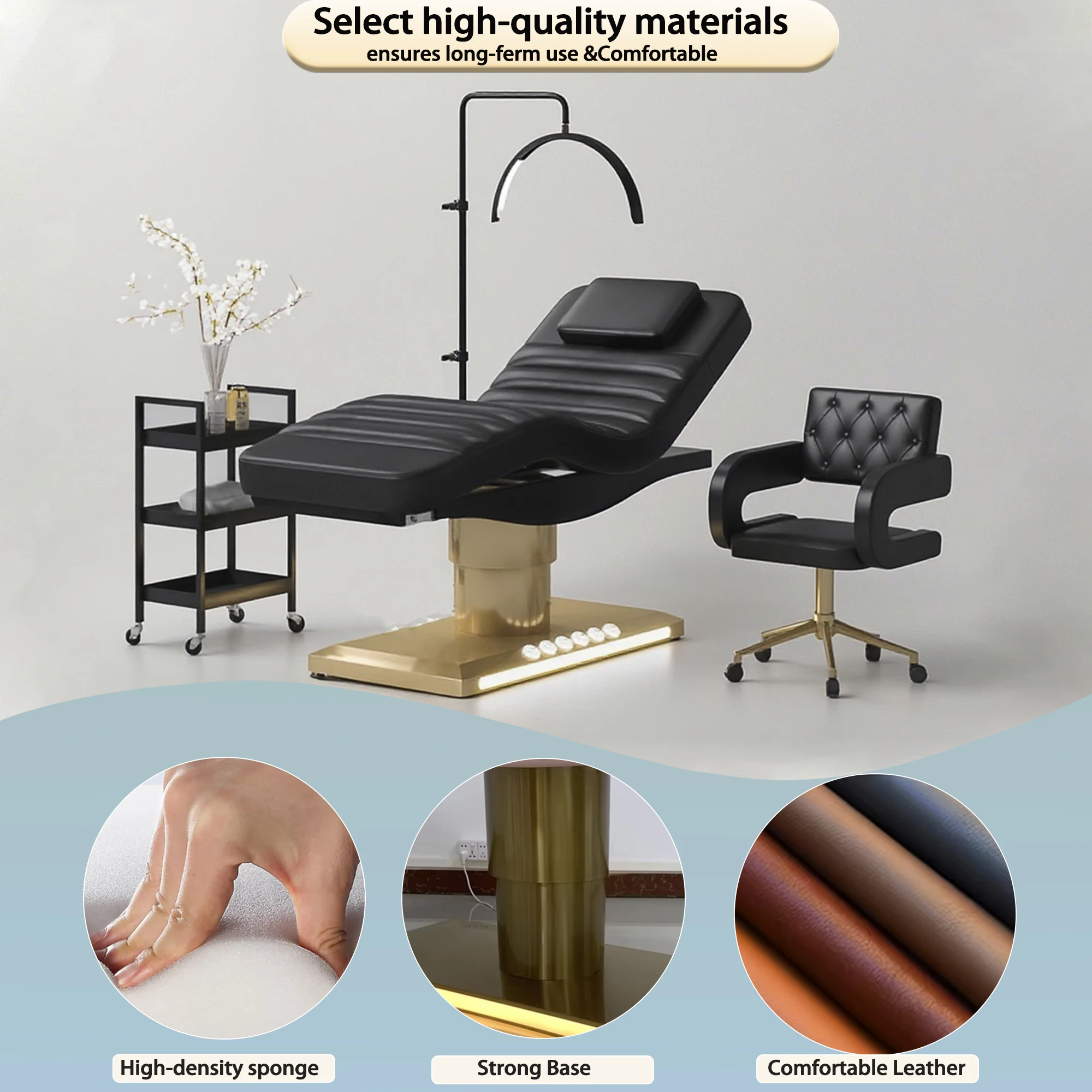 سرير الوجه الكهربائي الاحترافي الفاخر من الفولاذ المقاوم للصدأ باللون الذهبي 3 محركات سبا صالون سرير طاولة تدليك التجميل سرير التجميل