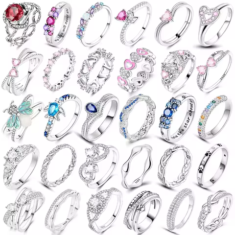 Original 925 Sterling Silver Red Zircon Blue Crystal Heart Bow Rings Women Jewelry Girlfriend Wedding Engagement Ring Set Gift