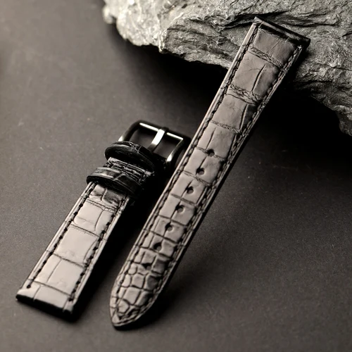 Imagen 2 del producto Correa de piel de cocodrilo de alta gama hecha a mano, cuero genuino de 18 19 20 21 22MM, correa de reloj suave de alta gama, pulsera retro negra