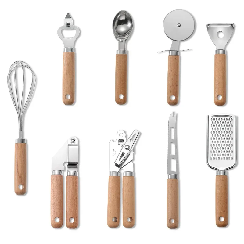 Kitchen Gadget Wooden Handle Stainless Steel Utensils Can Opener Peeler Garlic Press Cheese Grater Whisk Pizza Peeler Egg Beater