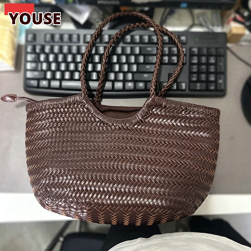 Women Genuine Leather Woven Handbag, Vintage Cowhide Crossbody Shoulder Bag, Casual Large Tote Shopping Purse for Ladies New
