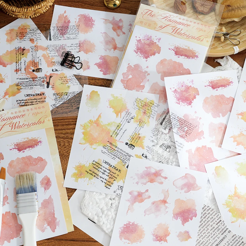 Journal GO 10pcs/lot Watercolor Trace Sticker Creative DIY Journal Collage Scrapbooking Decor Romance of Watercolor Stickers
