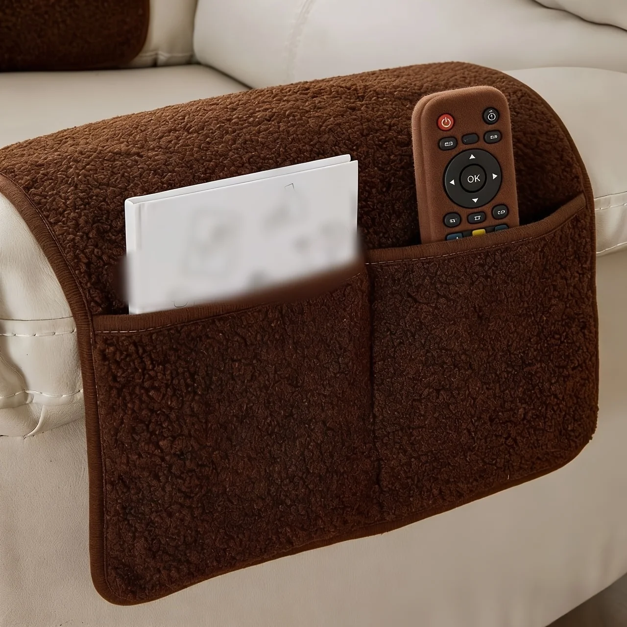 1PC Lamb Fabric Sofa Armrest Cover with Pockets. Anti-Slip And Dust-Proof Armrest Storage Bag
