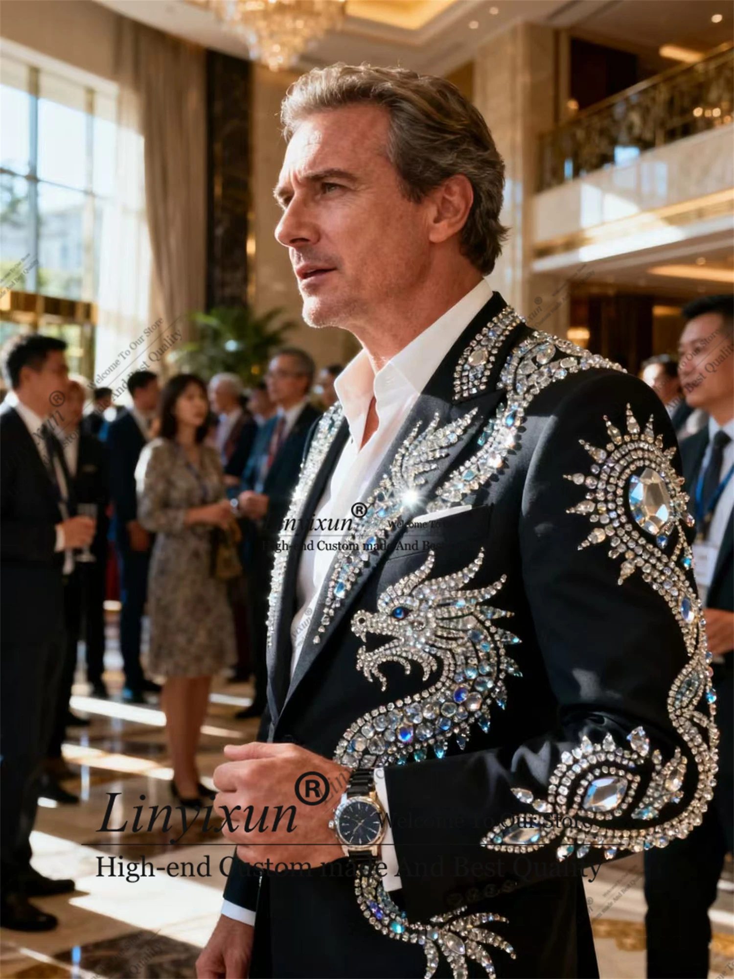

Высококачественный уникальный дизайн, мужские костюмы с бриллиантами, комплект из 2 предметов, свадебный смокинг жениха, модный мужской пиджак для выпускного вечера, тонкий костюм по индивидуальному заказу Homme