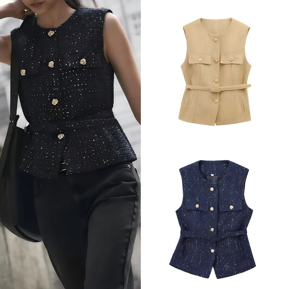 

Women's 2025 new fashion With Belt casual bead decoration texture vest Coat retro sleeveless Button-up women's vest chic top