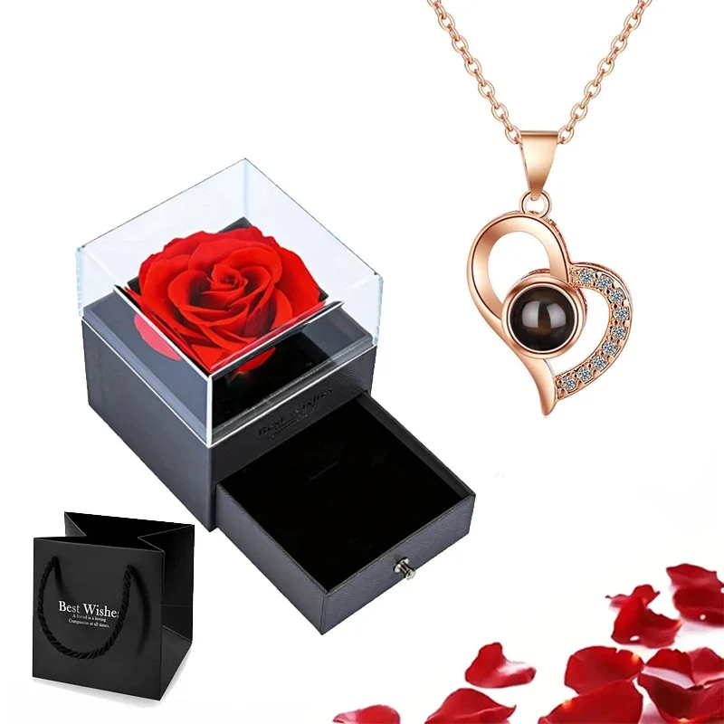 Projection Necklace Set With Rose Gift Box 100 Languages I Love You Heart Pendant Jewelry Hot Sale Accessories Dropshipping