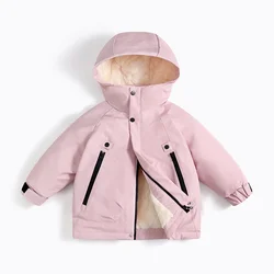 5-14 years Girls' winter new style with plush and thick cotton coat, children's large fur collar, medium to long cotton jacket