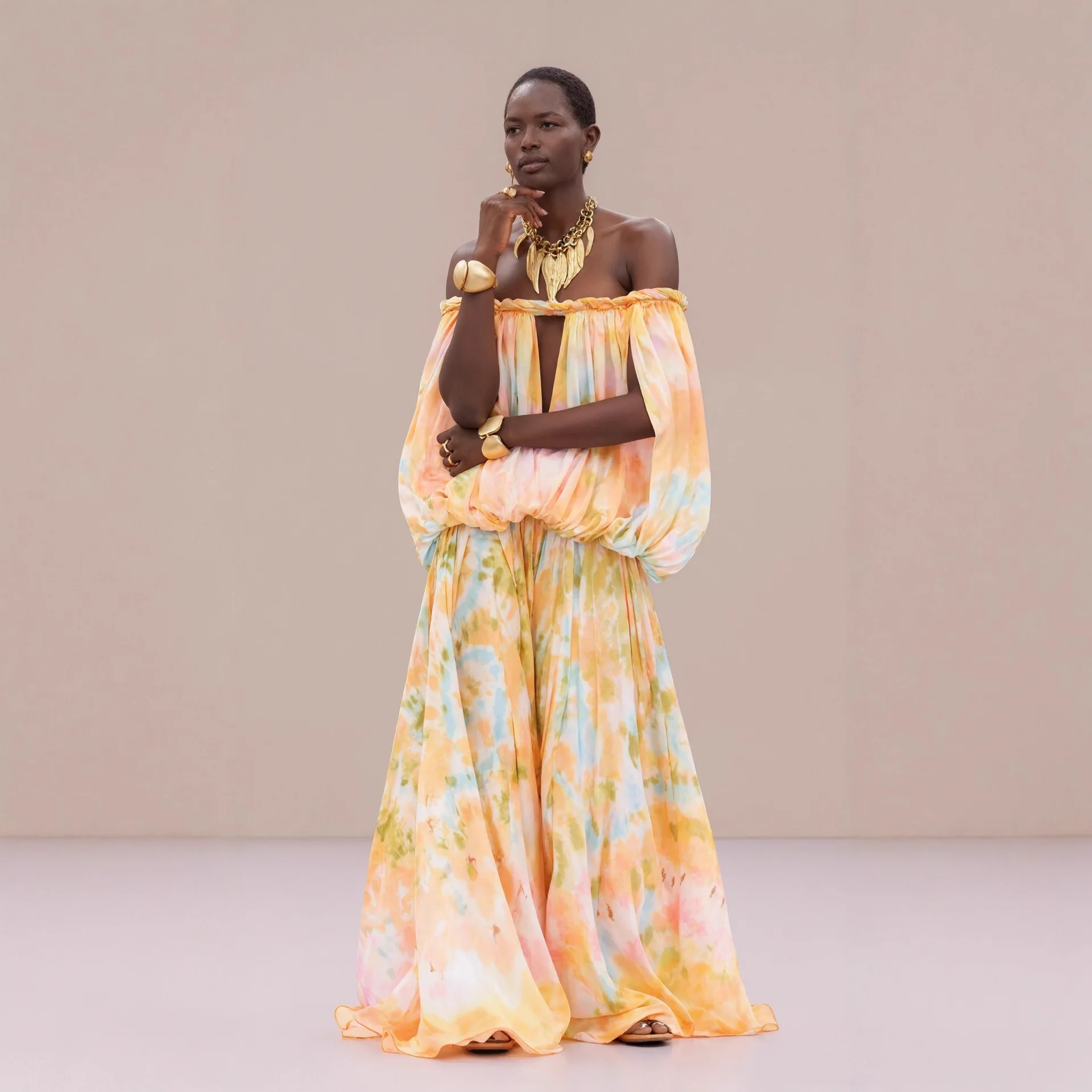 

Chiffon Print Long Dresses Women Fashion Sexy Hollow Out Off Shoulder Patchwork Design Sense Dress Commuting Style Vestidos