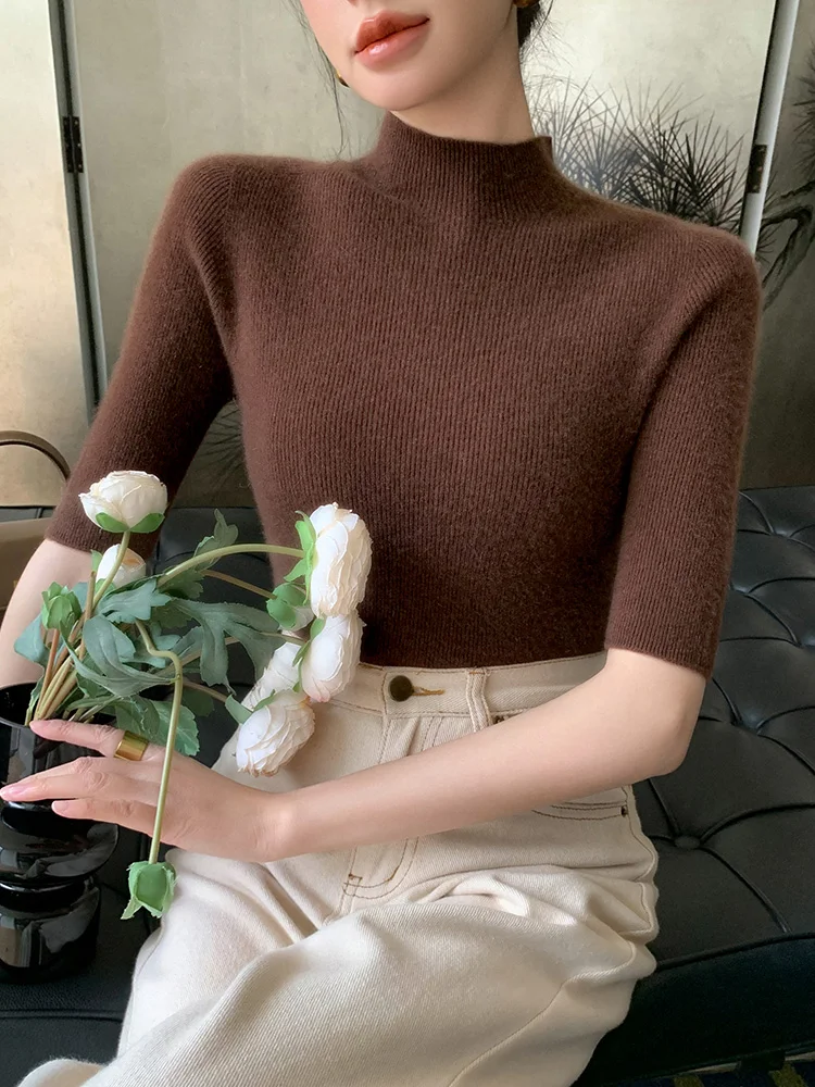 New Fashion Women Slim Mock Neck Half Sleeve Pullover Sweater Pure Color Basic Soft 100% Merino Wool Knitwear Spring Summer Tops