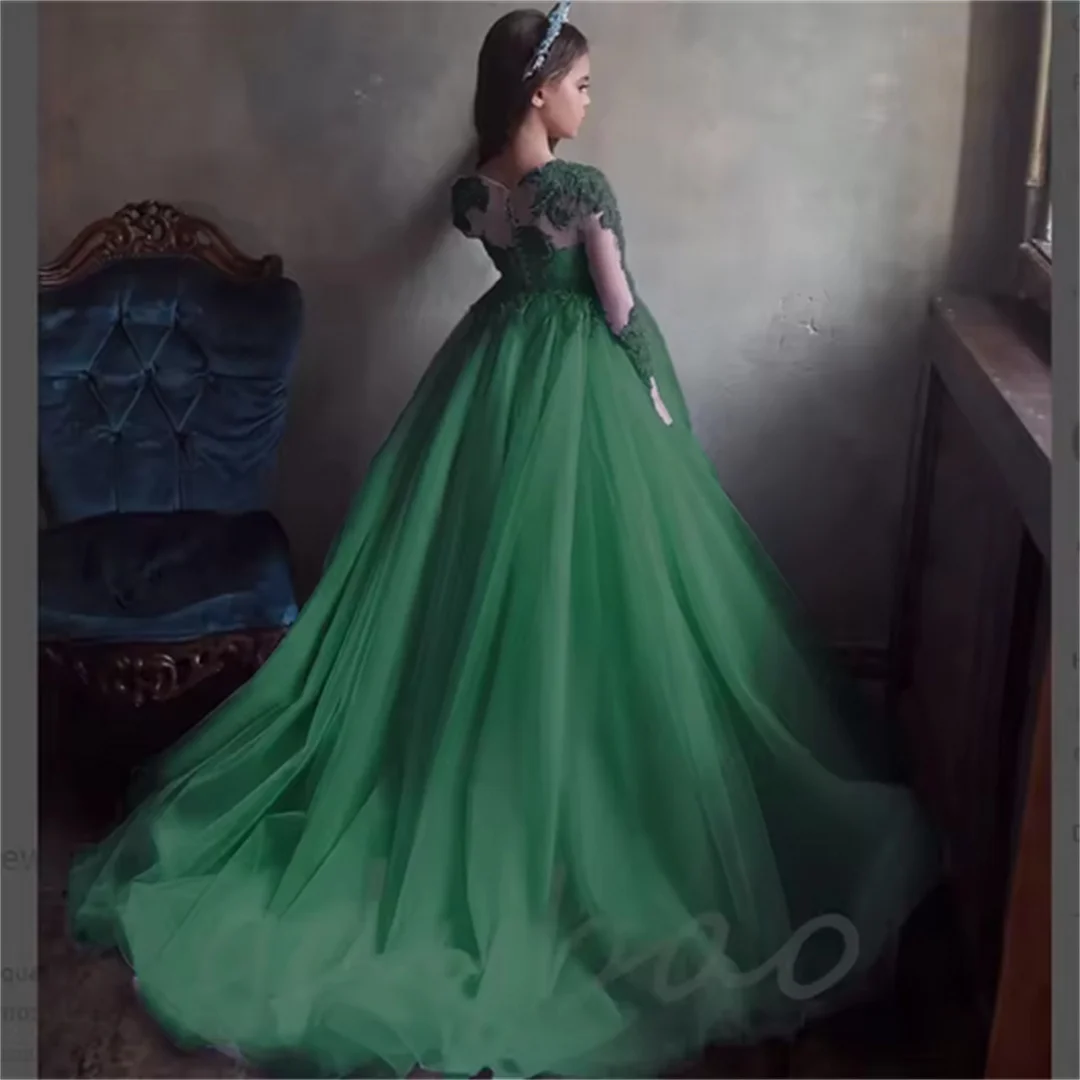 تول زهرة فتاة فستان الزفاف عيد ميلاد تول مطرز الأميرة الأزرق كامل الأكمام الاطفال فساتين حفلة التواصل الأول فستاين سهرة/فساتين الحفلات #1