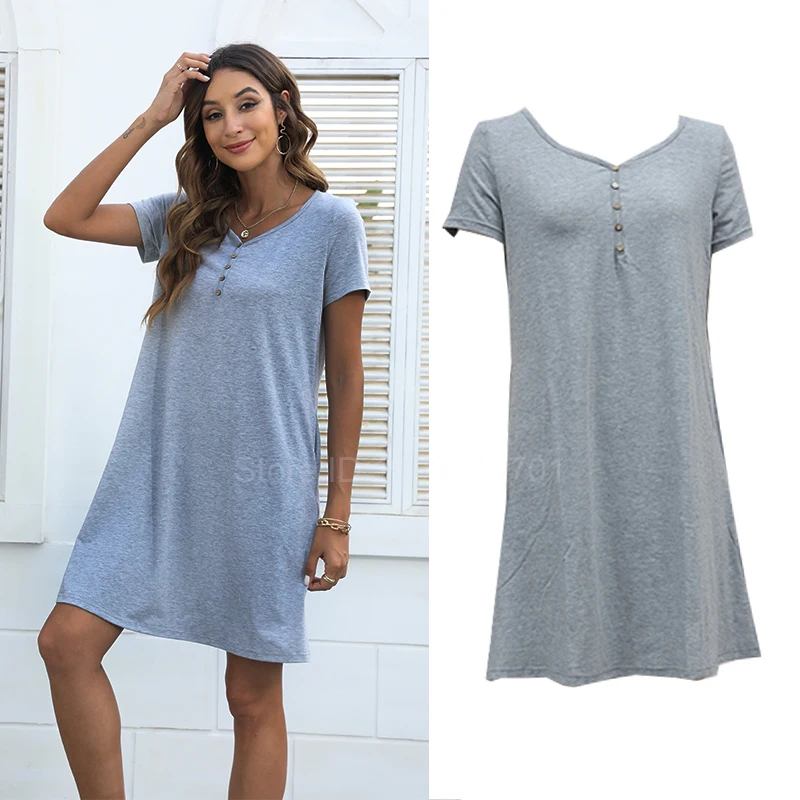 Women Shirt Dress Casual Solid Short Sleeve Round Neck Dress Split Hem Casual Loose Gray Dress Casual Vestidos Para Mujer