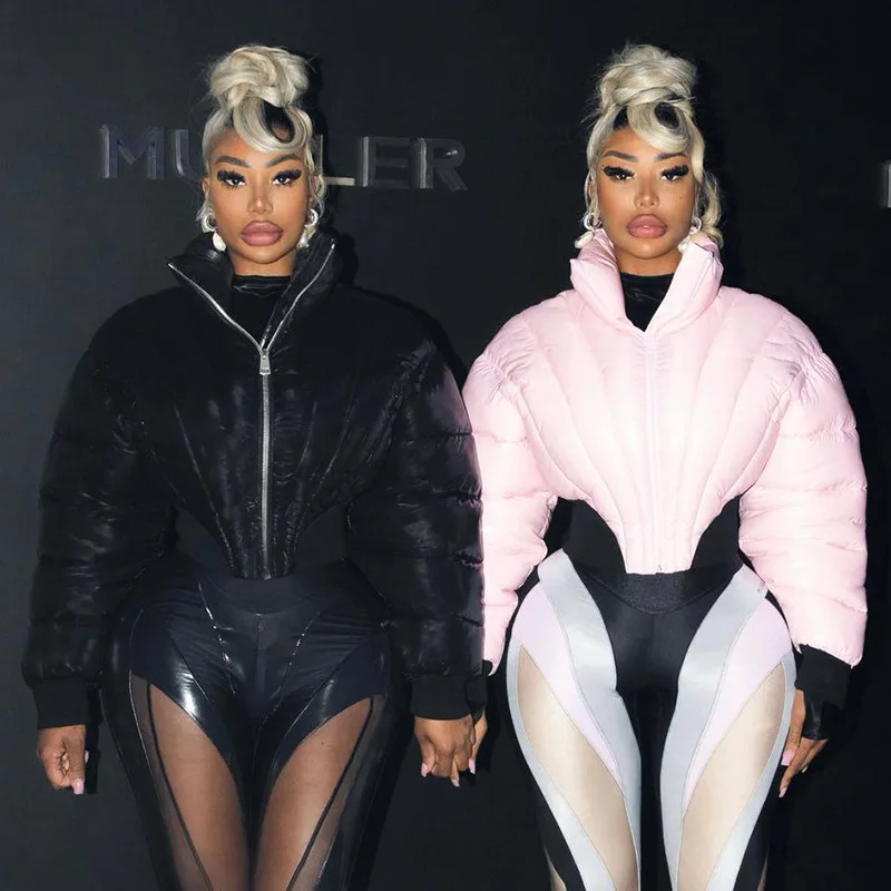 

Y23TP407 Женская зимняя однотонная повседневная куртка на молнии с лацканами и длинными рукавами, облегающая куртка с открытым пупком, хлопковая одежда