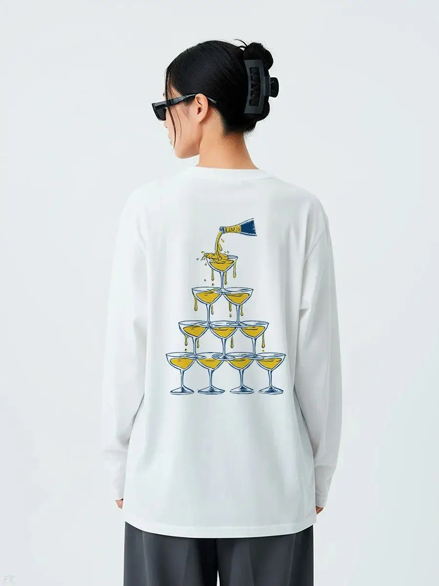 Unique Chic Champagne Tower Print Cotton Long Sleeve T-Shirt – Retro Party Graphic Tee for Women Russian Fashion Lady Streetwear