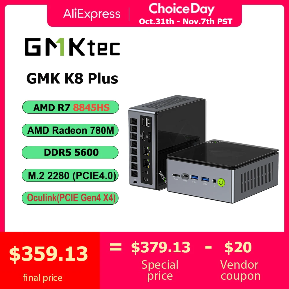 GMKtec K8 Plus Mini Computer PC AMD R7 8845HS Gaming Mini PC 8-core 16-thread 32GB DDR5 1TB SSD Computer PC Gaming Desktop PC