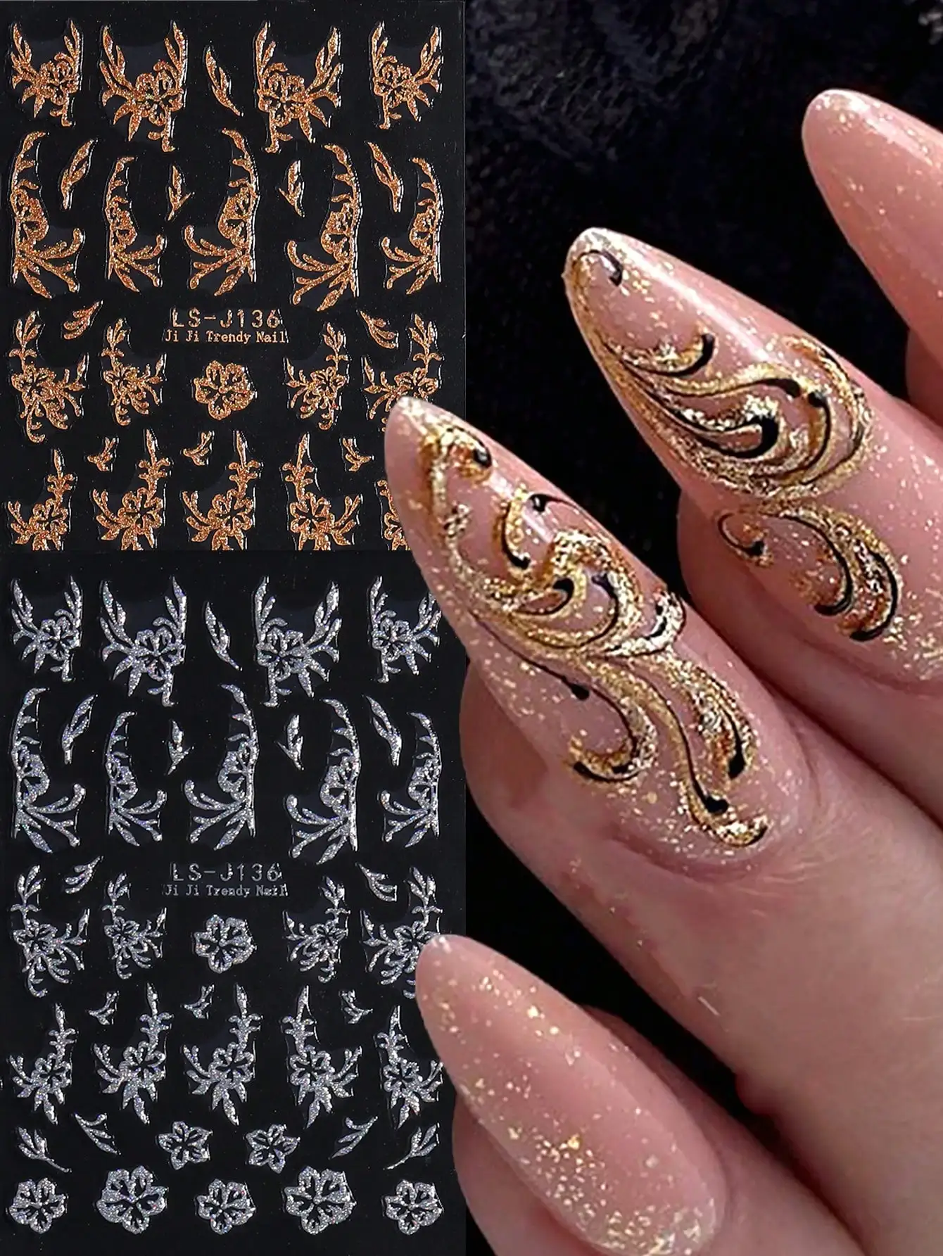 2pcs Gold Sliver Glitter Lace Floral Nail 3D Stickers Flower Simple Sliders Elegant Wedding Nail Design Manicure Decor